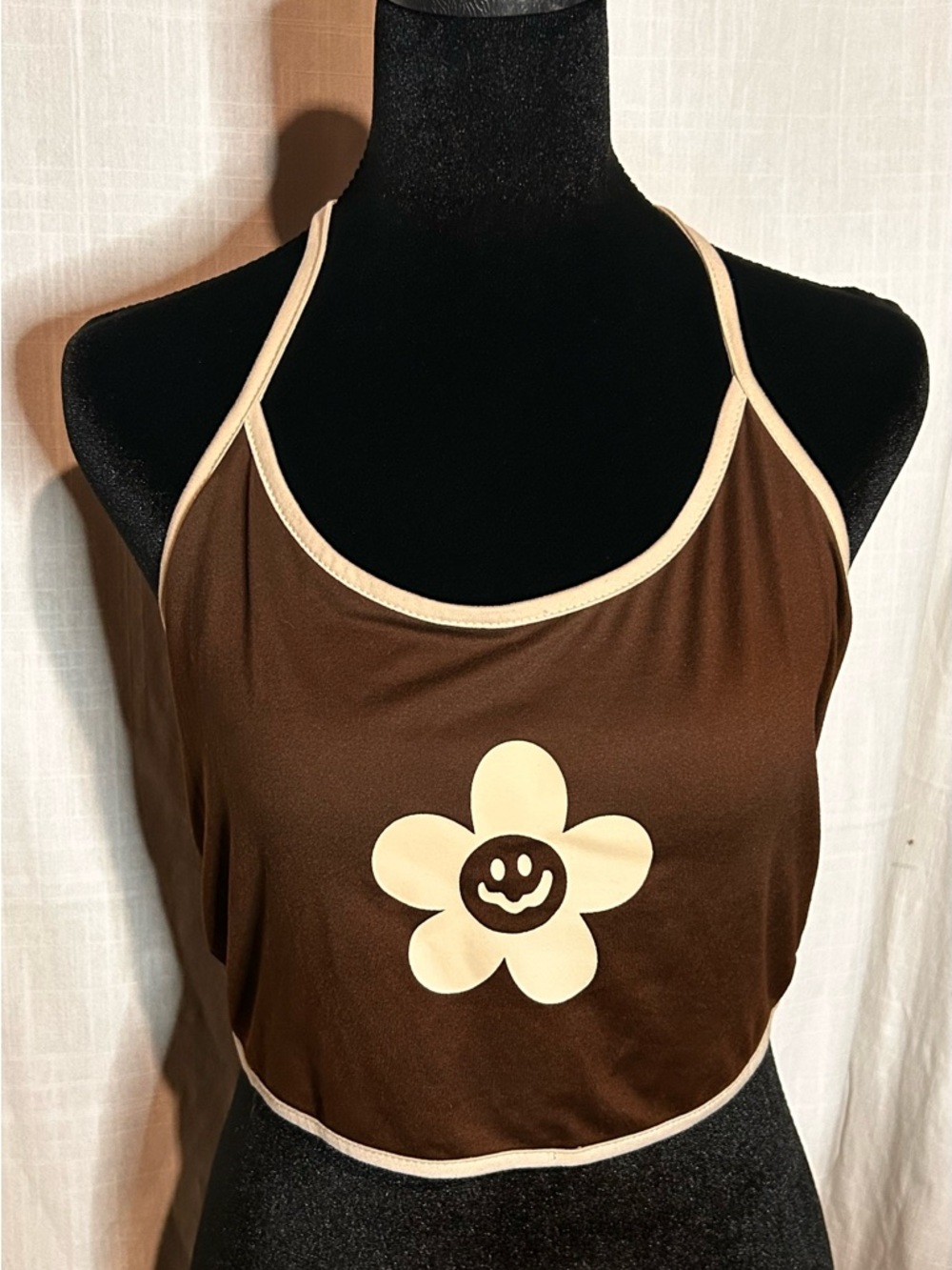 Women’s Brown Smiley Flower Crop Halter Tank Top